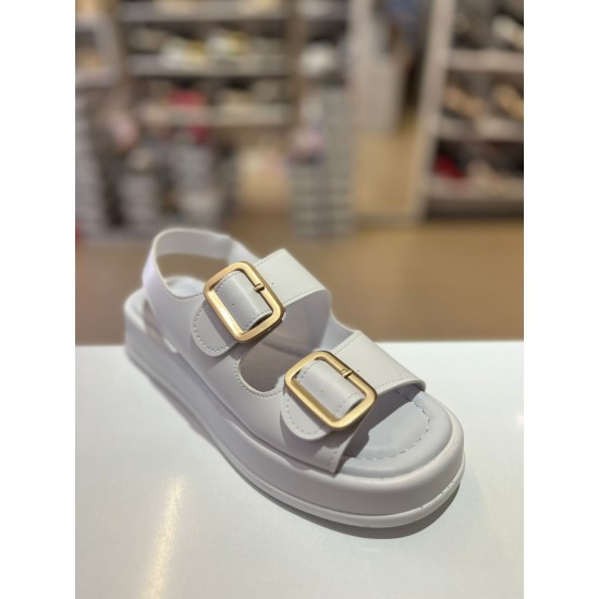 Beyaz Kalın Taban Çift Bantlı Lastikli Sandalet