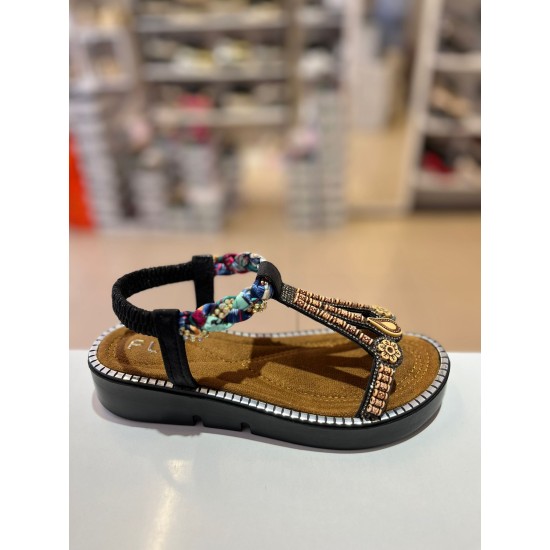 Siyah Kalın Taban Ahşap Desen Lastikli Tatil Sandaleti