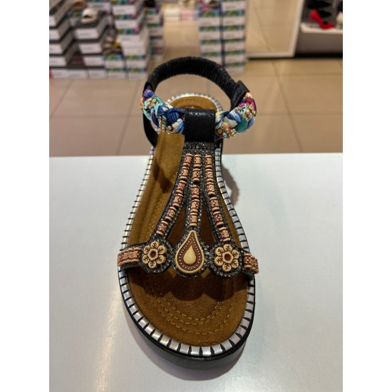 Siyah Kalın Taban Ahşap Desen Lastikli Tatil Sandaleti