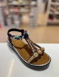 Siyah Kalın Taban Ahşap Desen Lastikli Tatil Sandaleti