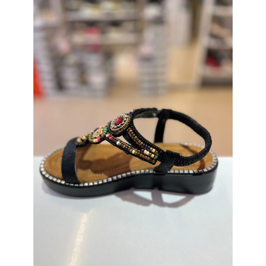 Siyah Kalın Taban Boncuk Sıvama Lastikli Sandalet