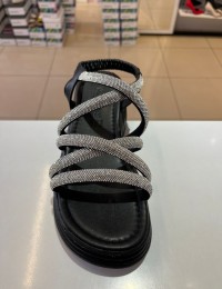 Siyah Kalın Taban Gümüş Taşlı Lastikli Sandalet