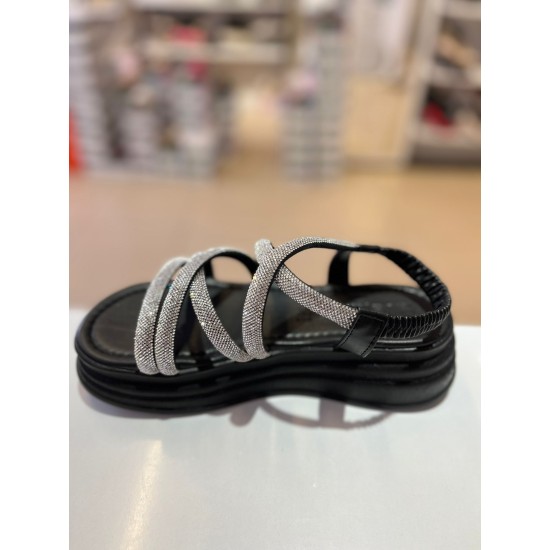 Siyah Kalın Taban Gümüş Taşlı Lastikli Sandalet