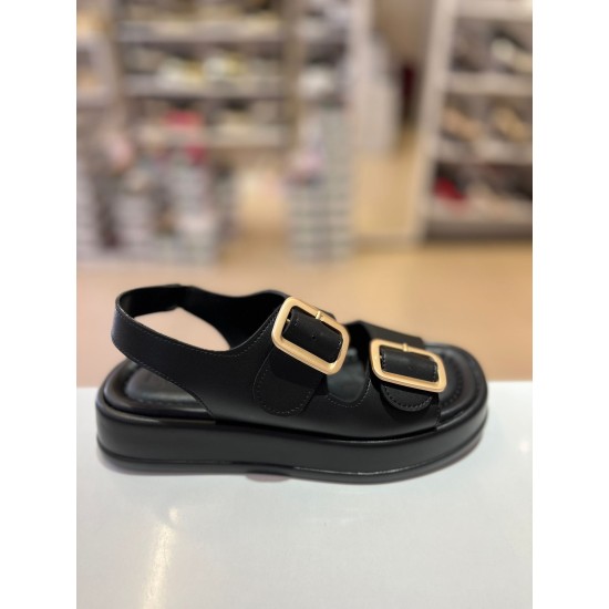 Siyah Kalın Taban Çift Bantlı Lastikli Sandalet