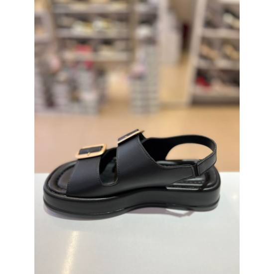 Siyah Kalın Taban Çift Bantlı Lastikli Sandalet