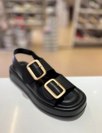 Siyah Kalın Taban Çift Bantlı Lastikli Sandalet