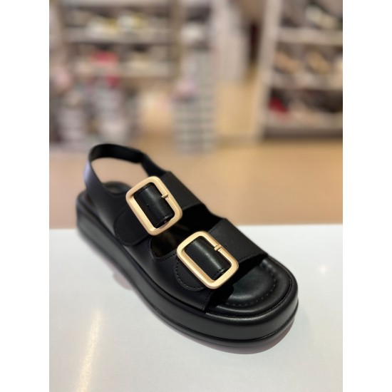 Siyah Kalın Taban Çift Bantlı Lastikli Sandalet