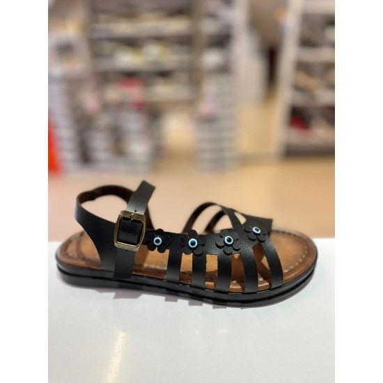 Siyah Nazar Boncuk Detay Kilteli Sandalet