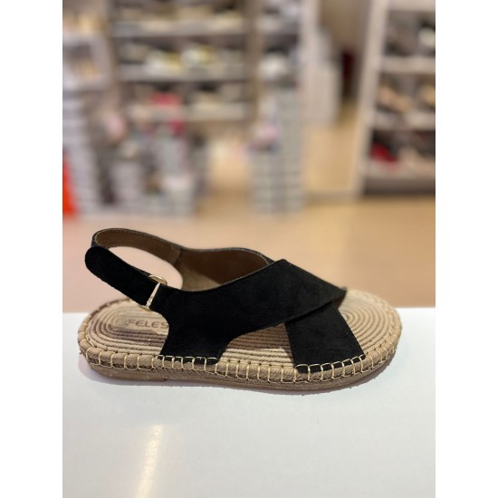 Siyah Çapraz Bant Cırtlı Hasır Taban Süet Sandalet