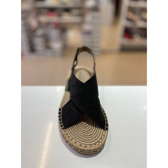 Siyah Çapraz Bant Cırtlı Hasır Taban Süet Sandalet