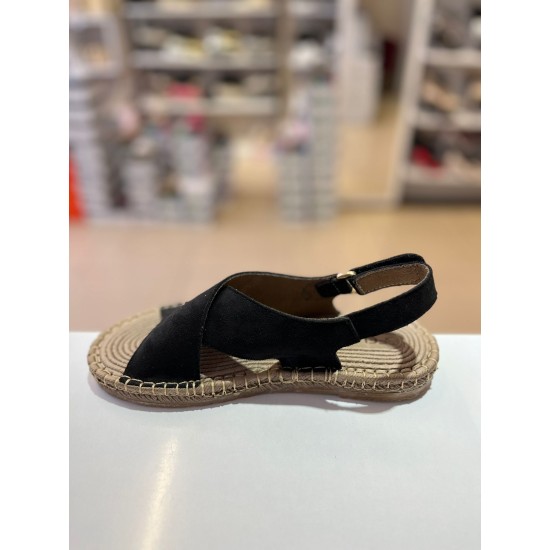 Siyah Çapraz Bant Cırtlı Hasır Taban Süet Sandalet