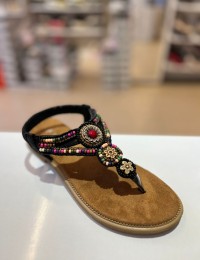 Siyah İnce Taban Boncuk Sıvama Parmak Arası Lastikli Sandalet