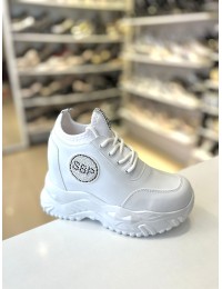 Beyaz Gizli Topuk Taşlı Bağcıklı Spor Ayakkabı
