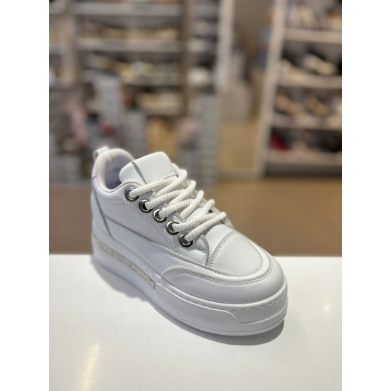 Beyaz Gizli Yüksek Topuk Taşlı Bağcıklı Spor Ayakkabı