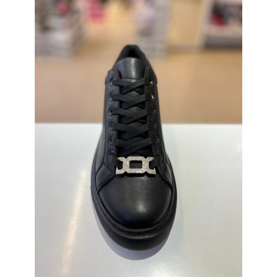 Siyah Gümüş Taşlı Düz Taban Bağcıklı Spor Ayakkabı