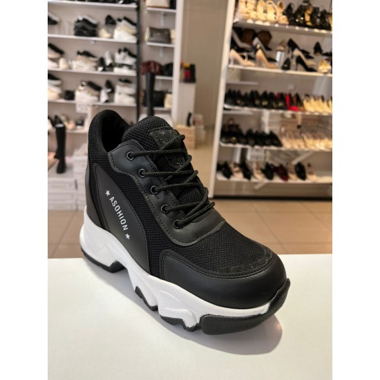 Siyah Işıltılı Yüksek Taban Bağcıklı Spor Ayakkabı