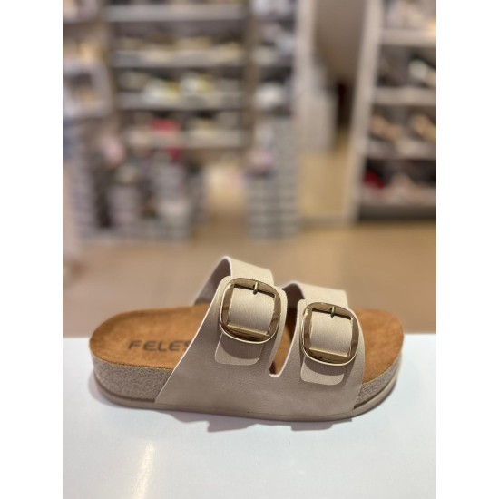 Bej Düz Kalın Taban Gold Tokalı Kilteli Terlik