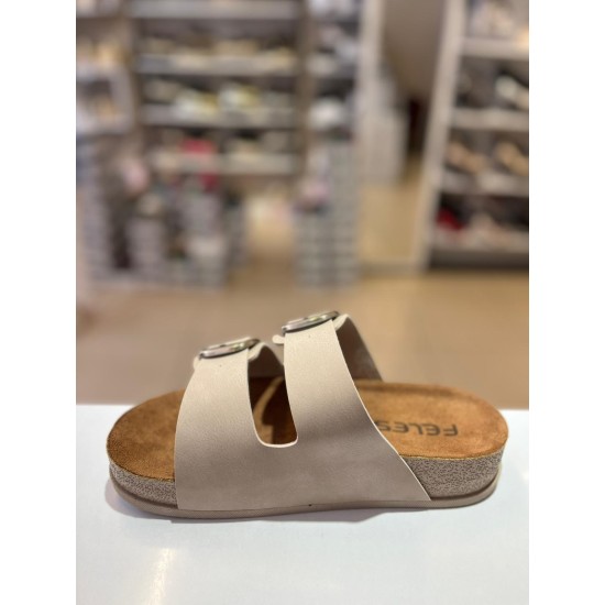 Bej Düz Kalın Taban Gold Tokalı Kilteli Terlik