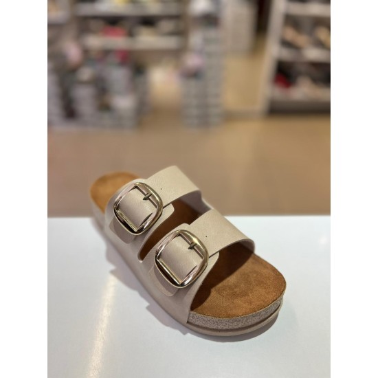 Bej Düz Kalın Taban Gold Tokalı Kilteli Terlik