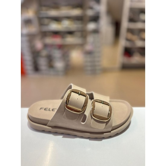 Bej Düz Taban Gold Tokalı Kilteli Terlik