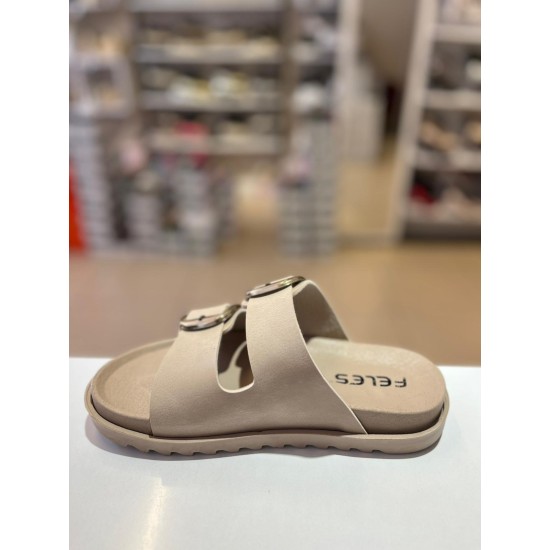 Bej Düz Taban Gold Tokalı Kilteli Terlik