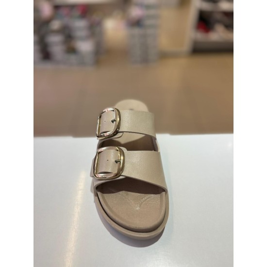 Bej Düz Taban Gold Tokalı Kilteli Terlik