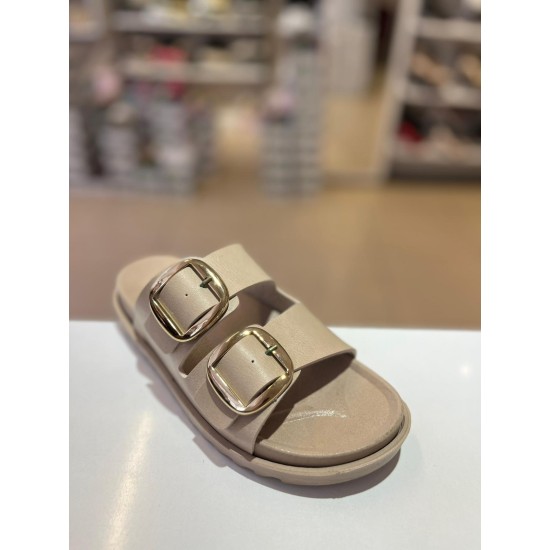 Bej Düz Taban Gold Tokalı Kilteli Terlik