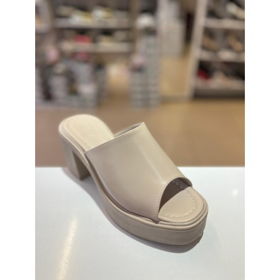 Bej Kalın Platform Topuk Düz Terlik