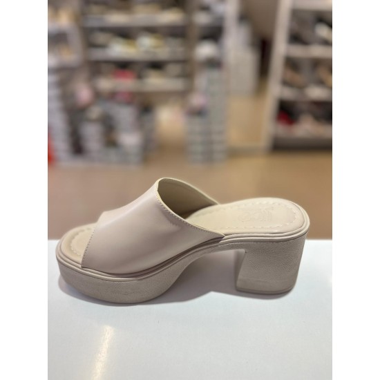 Bej Kalın Platform Topuk Düz Terlik