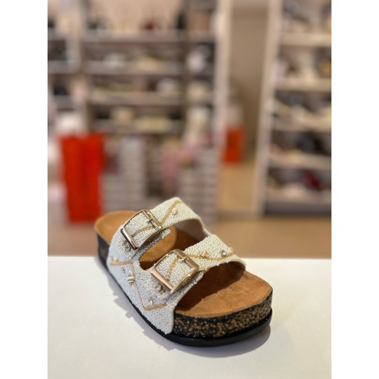 Beyaz Gold Zincirli Taşlı Kilteli Terlik