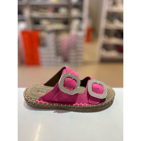 Fuşya Süet Hasır Taban Taşlı Terlik 