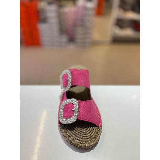 Fuşya Süet Hasır Taban Taşlı Terlik 