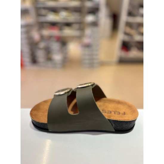 Haki Düz Kalın Taban Gold Tokalı Kilteli Terlik