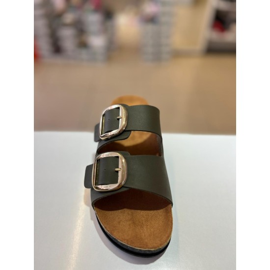 Haki Düz Kalın Taban Gold Tokalı Kilteli Terlik