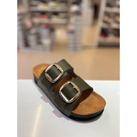 Haki Düz Kalın Taban Gold Tokalı Kilteli Terlik