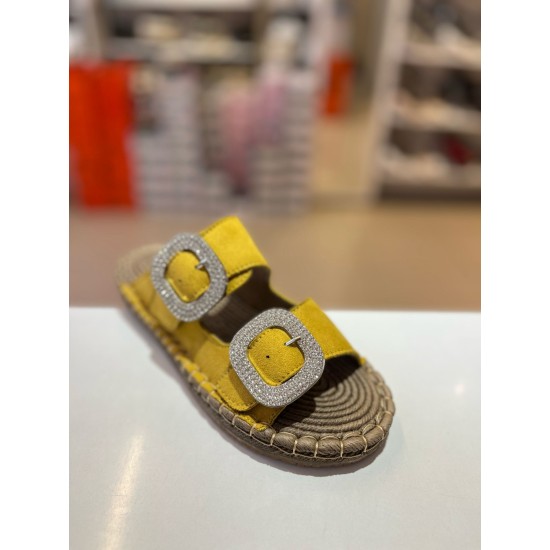 Sarı Süet Hasır Taban Taşlı Terlik 