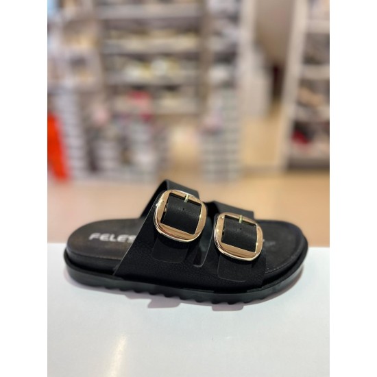 Siyah Düz Taban Gold Tokalı Kilteli Terlik