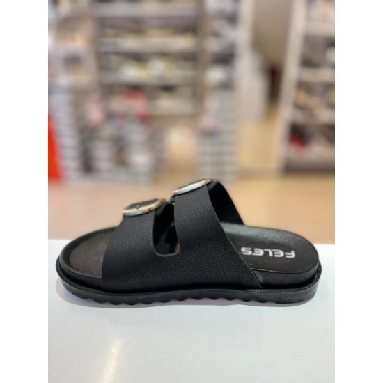 Siyah Düz Taban Gold Tokalı Kilteli Terlik