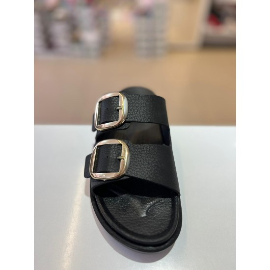 Siyah Düz Taban Gold Tokalı Kilteli Terlik