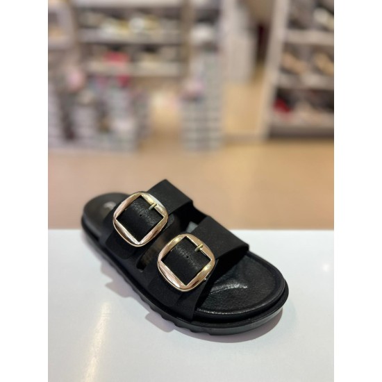 Siyah Düz Taban Gold Tokalı Kilteli Terlik