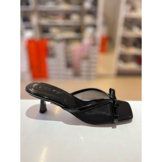 Siyah File Doku Tokalı Topuklu Şık Terlik