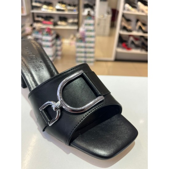 Siyah Kalın Topuk Gümüş Toka Klasik Terlik