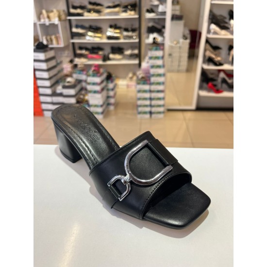 Siyah Kalın Topuk Gümüş Toka Klasik Terlik