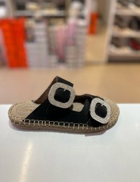 Siyah Süet Hasır Taban Taşlı Terlik 