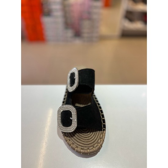 Siyah Süet Hasır Taban Taşlı Terlik 