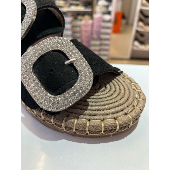 Siyah Süet Hasır Taban Taşlı Terlik 