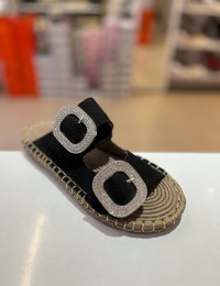 Siyah Süet Hasır Taban Taşlı Terlik 