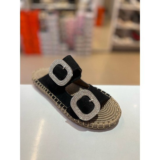 Siyah Süet Hasır Taban Taşlı Terlik 