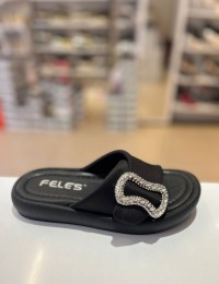 Siyah Taşlı Gümüş Tokalı Yumuşak Taban Terlik