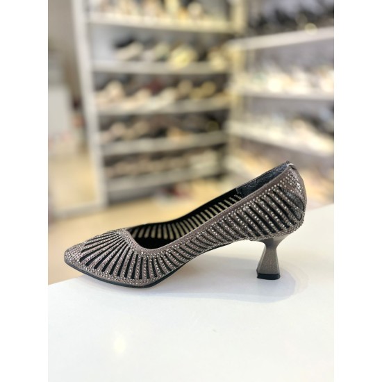 Antrasit File Doku Çizgili Topuklu Sivri Burun Anne Abiye Ayakkabısı